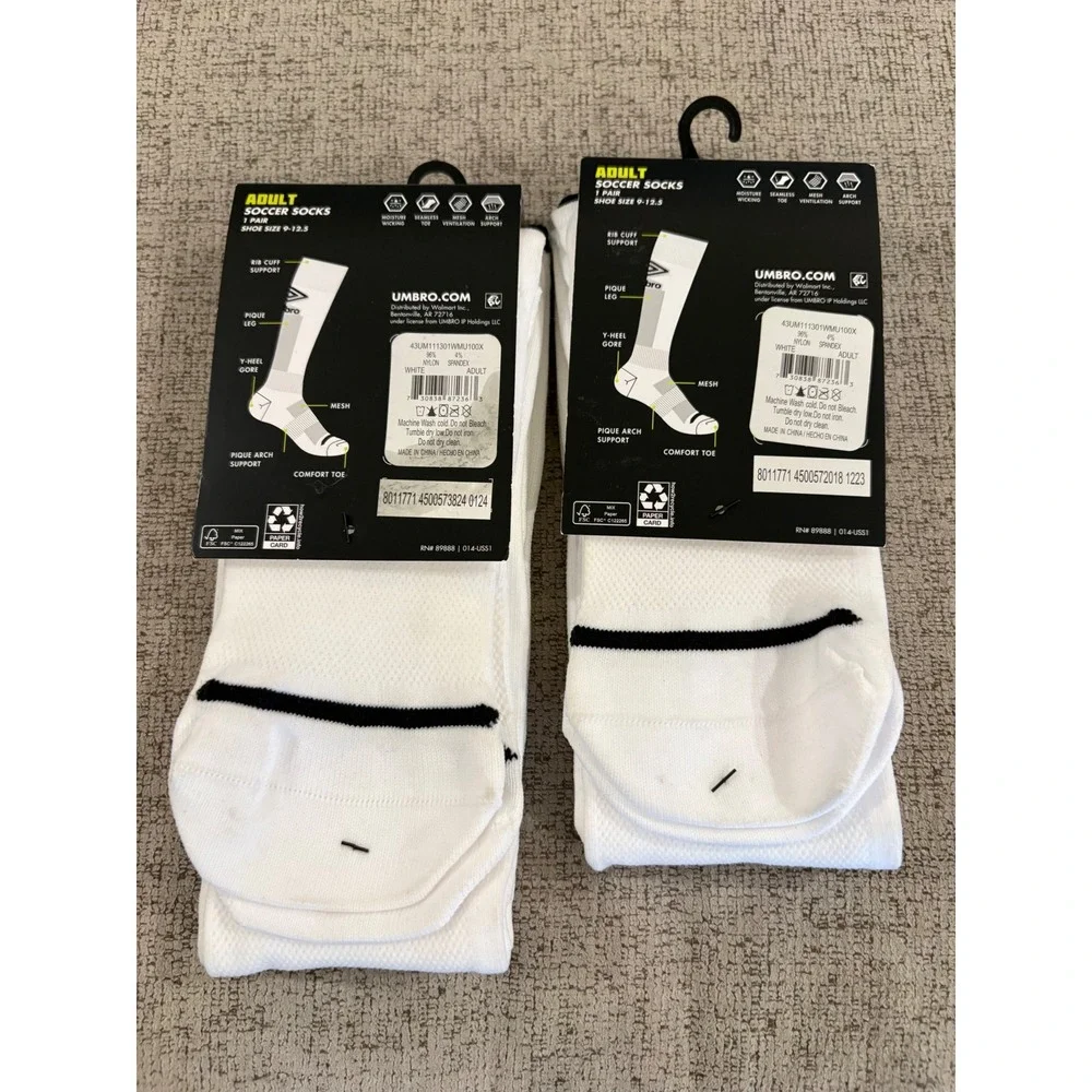 Umbro Adult Soccer Socks White Black 2 Pairs Shoe Size 9-12.5 Moisture Wicking